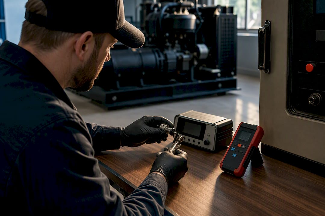 Technician calibrating generator monitoring sensor