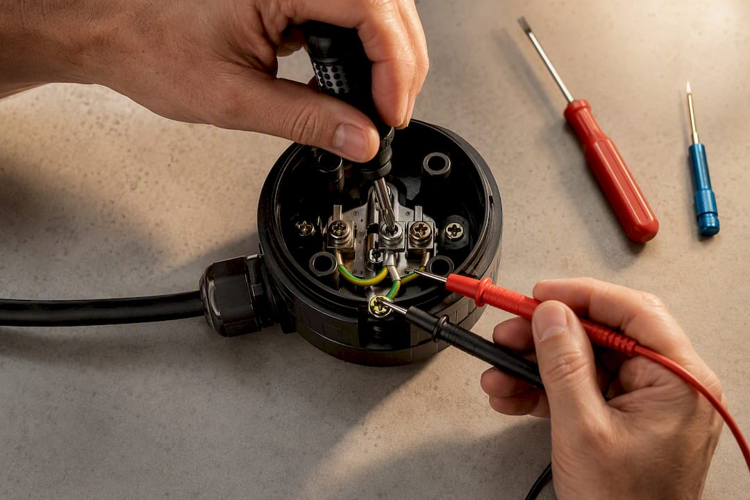 Electrician checking connector terminals and earth