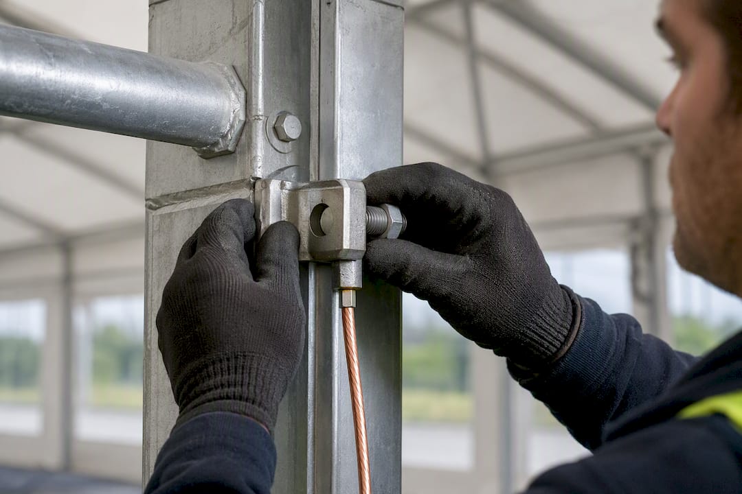 Bonding clamp secured to marquee frame