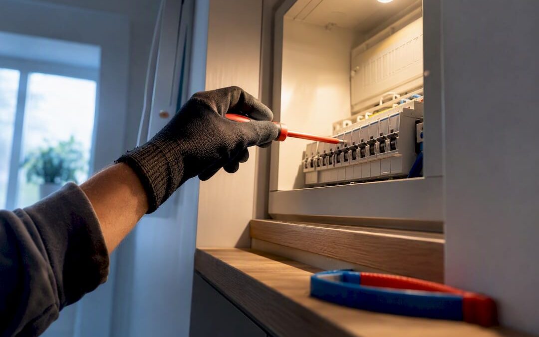 Electrician inspecting a consumer unit enclosure
