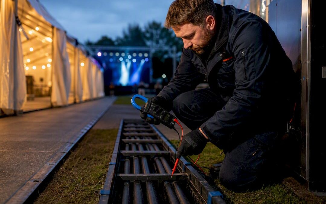 Electrician checking temporary event power cable