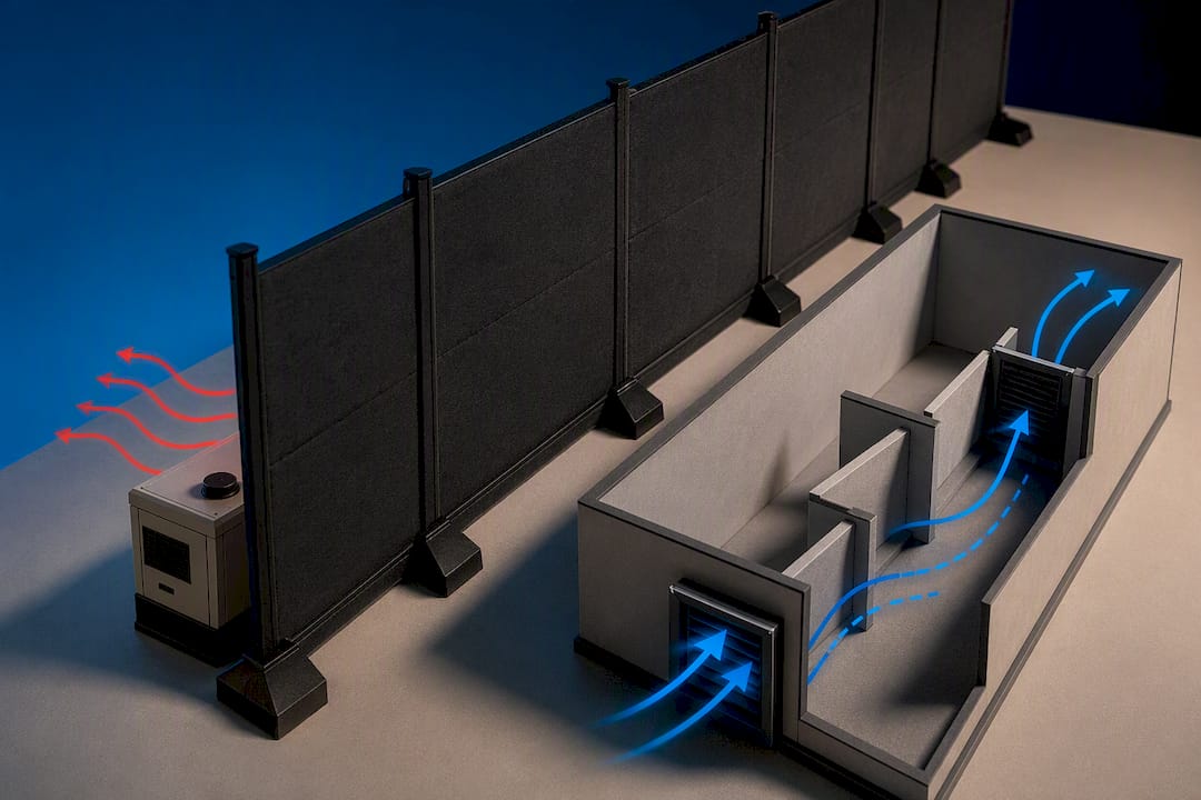 Acoustic barrier blocking sound with ventilation paths