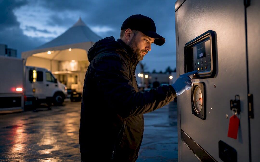 Technician monitoring generator fuel gauge
