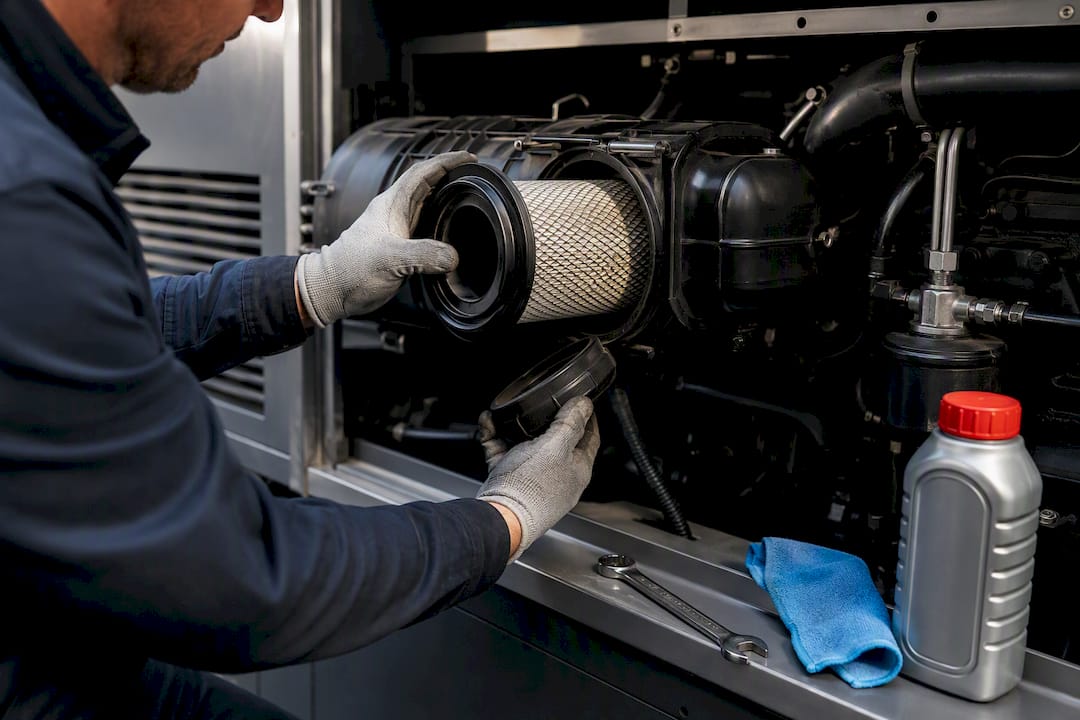 Technician servicing generator air filter