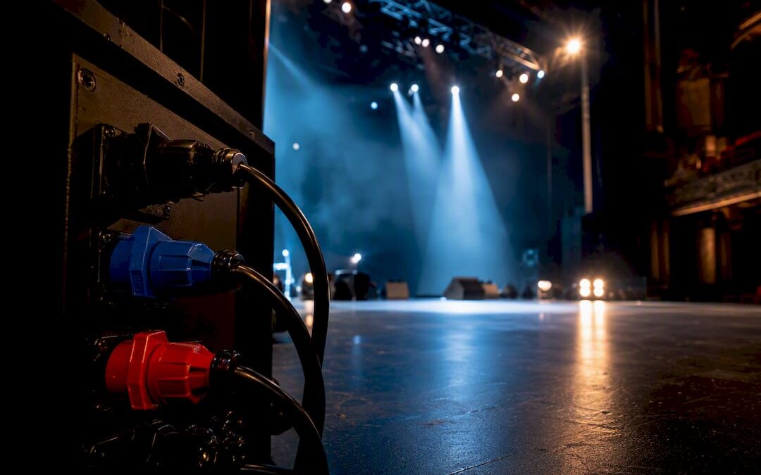 Stage lighting rig during power setup