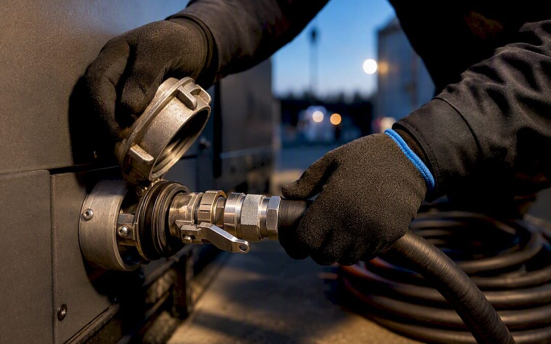 Technician checking generator fuel connection
