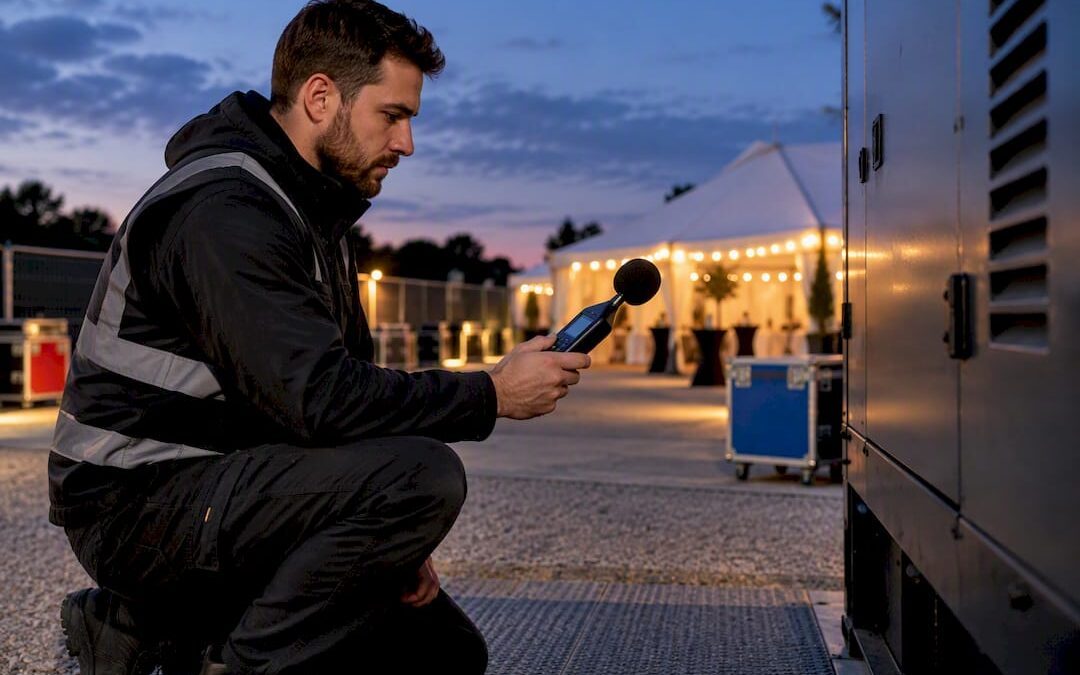 Technician measuring generator noise at event site