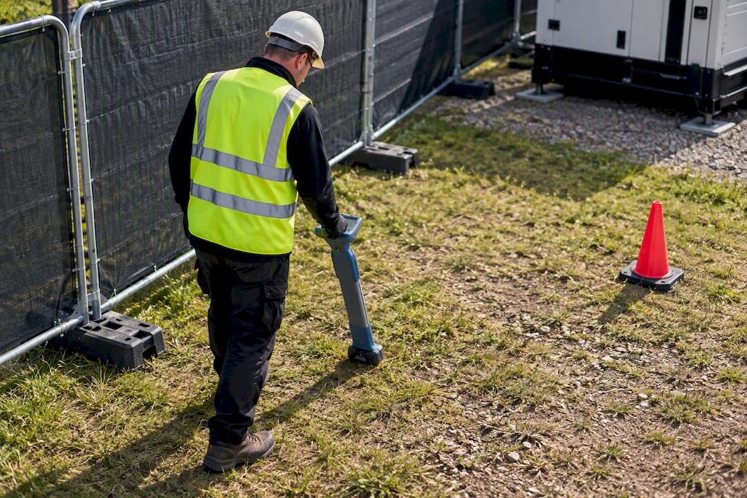 Installer scanning ground before driving earth electrode