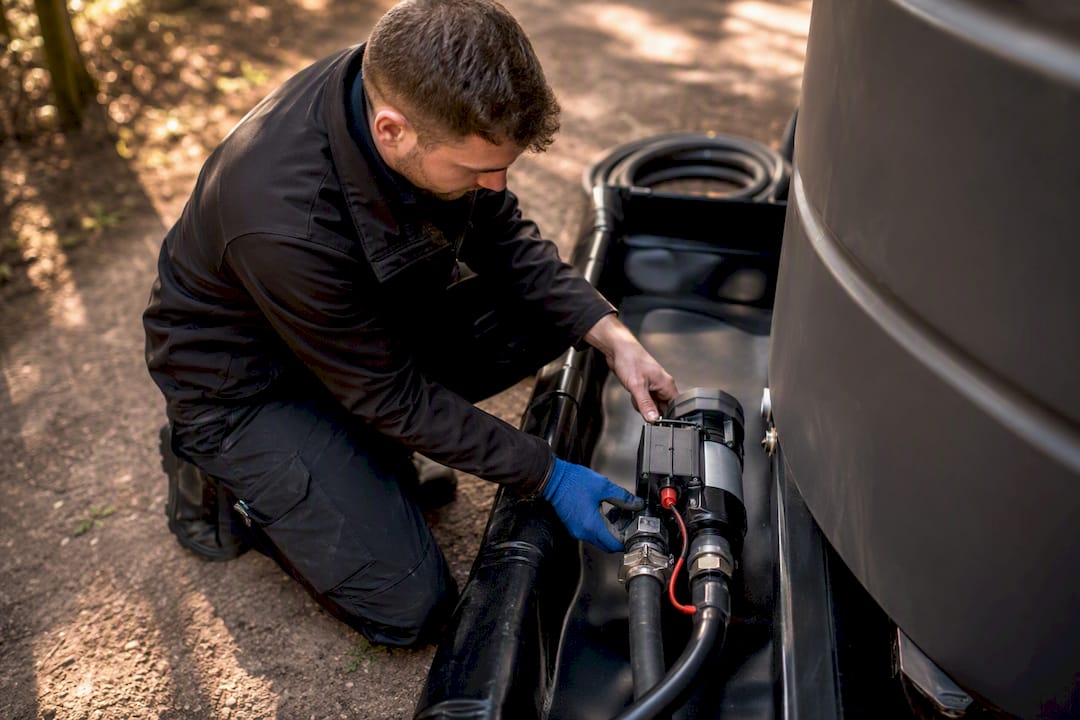 Engineer checking portable fuel pump connection