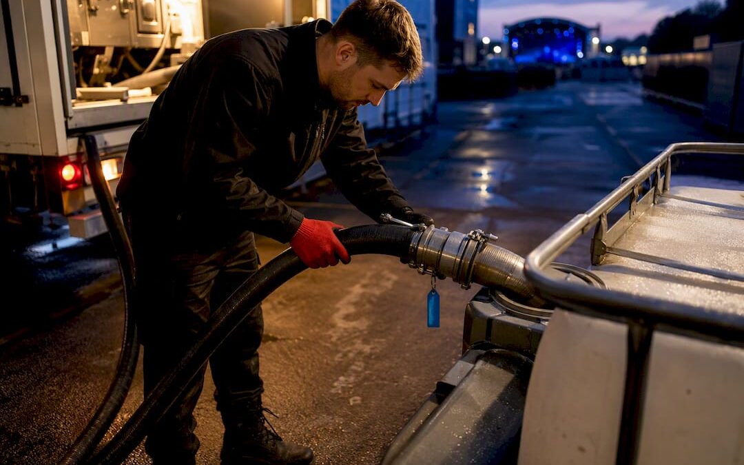 Engineer transferring fuel beside event equipment