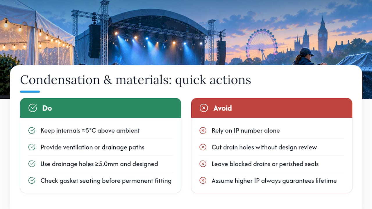 How do condensation and materials affect outdoor durability? — overview diagram