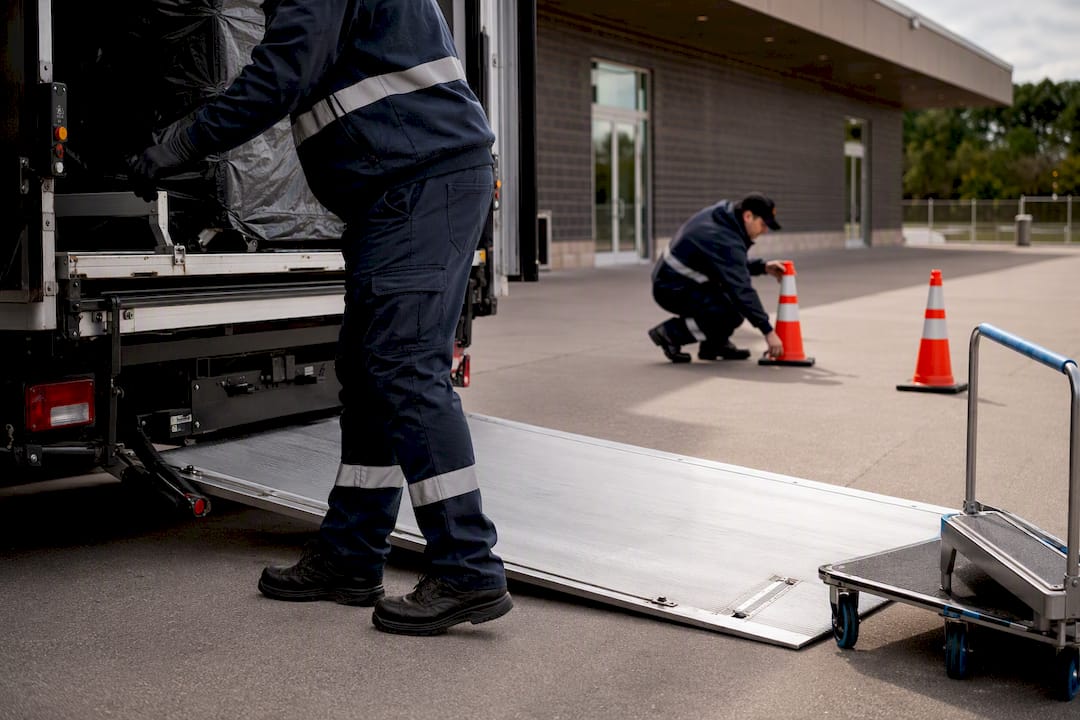 Crew preparing a safe tail-lift unloading area