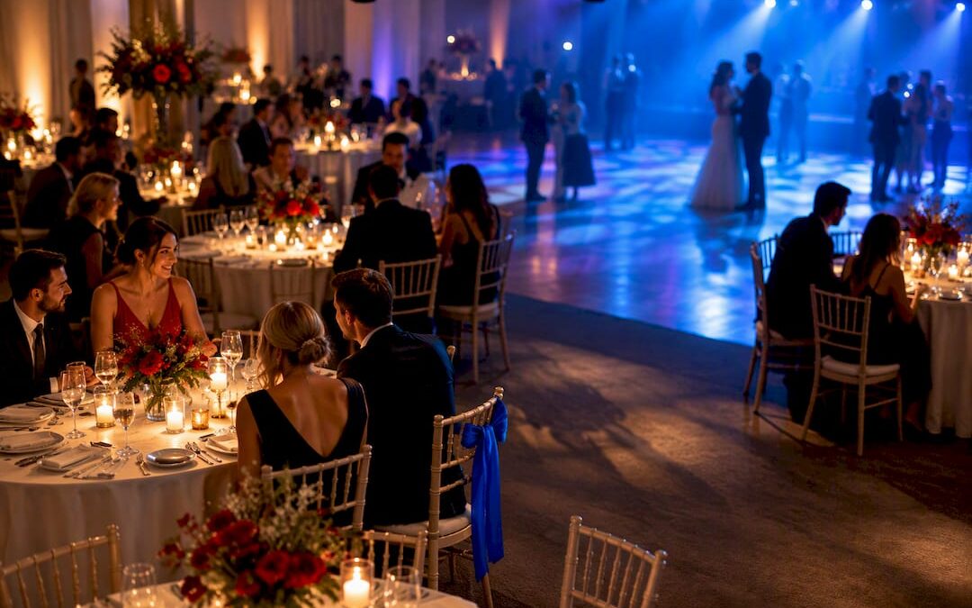 Wedding reception lit in coordinated warm and blue tones