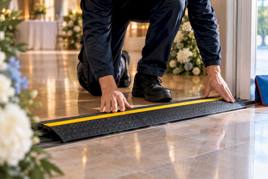 Protected cable ramp across wedding venue doorway