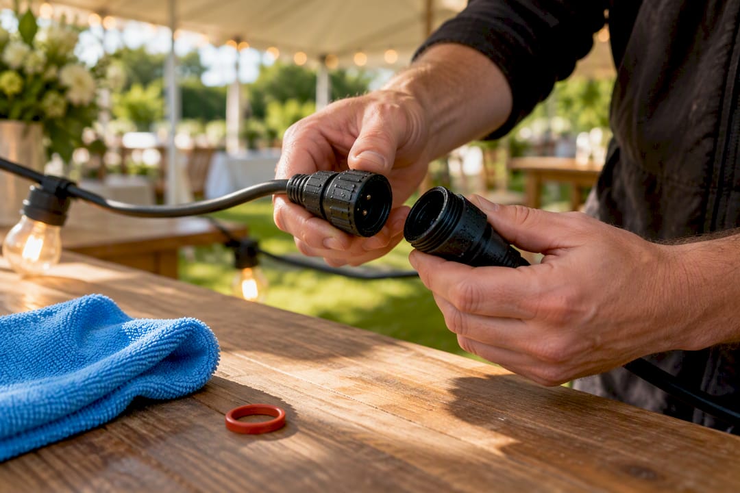 Hands checking moisture in lighting connector