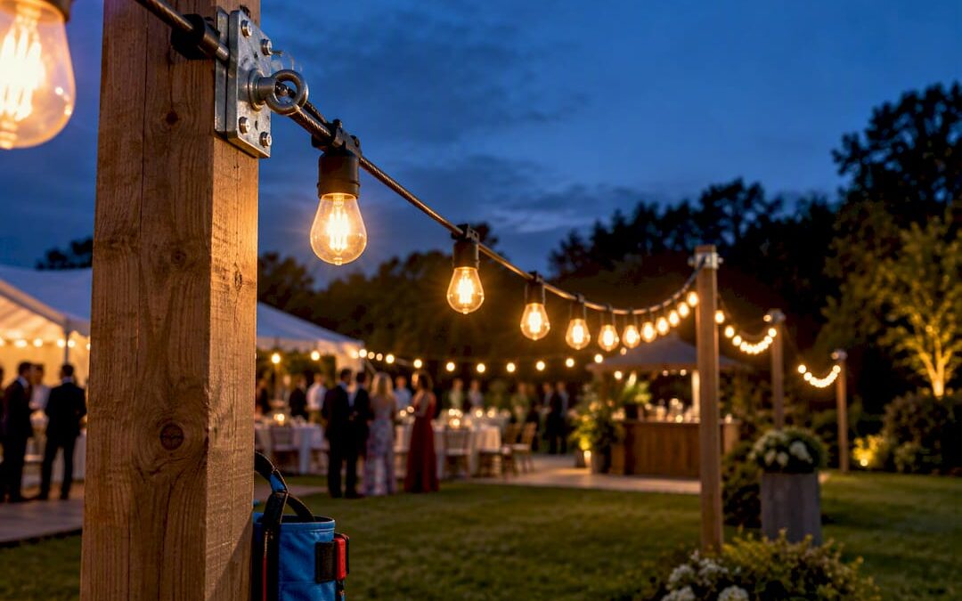 Festoon lights secured above an outdoor event